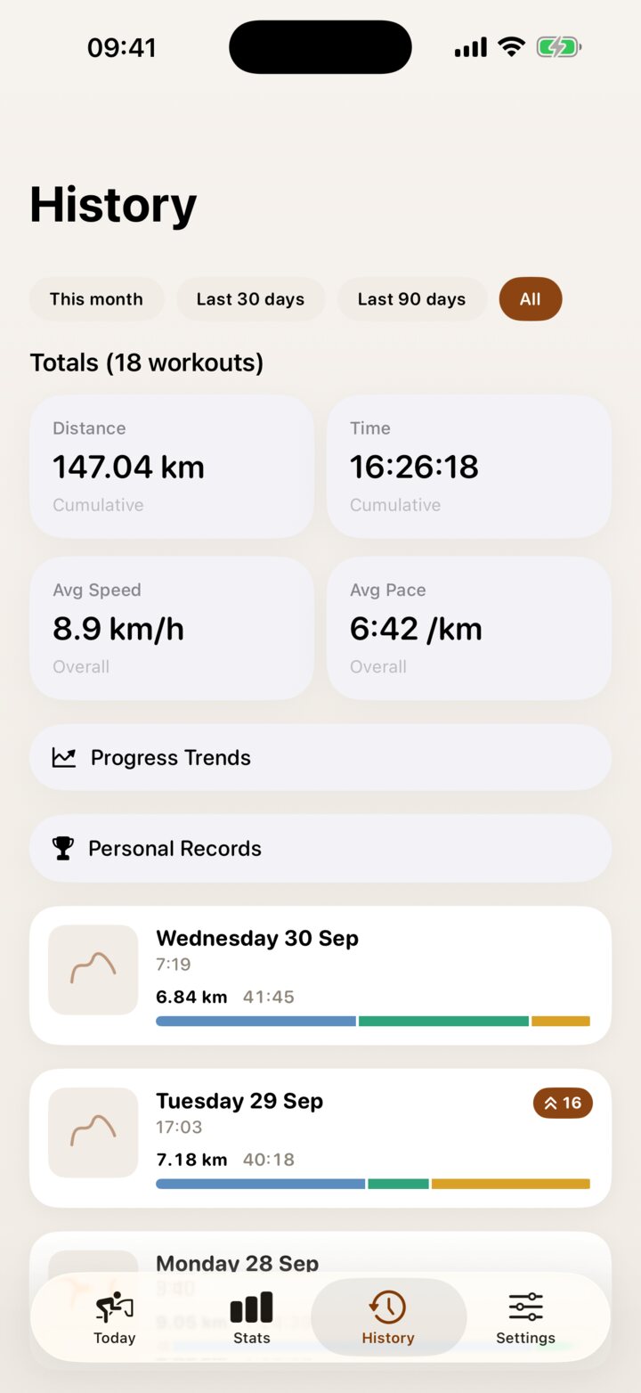 History screen with totals for 18 rides and a list of rides with gait ribbons and jump counts