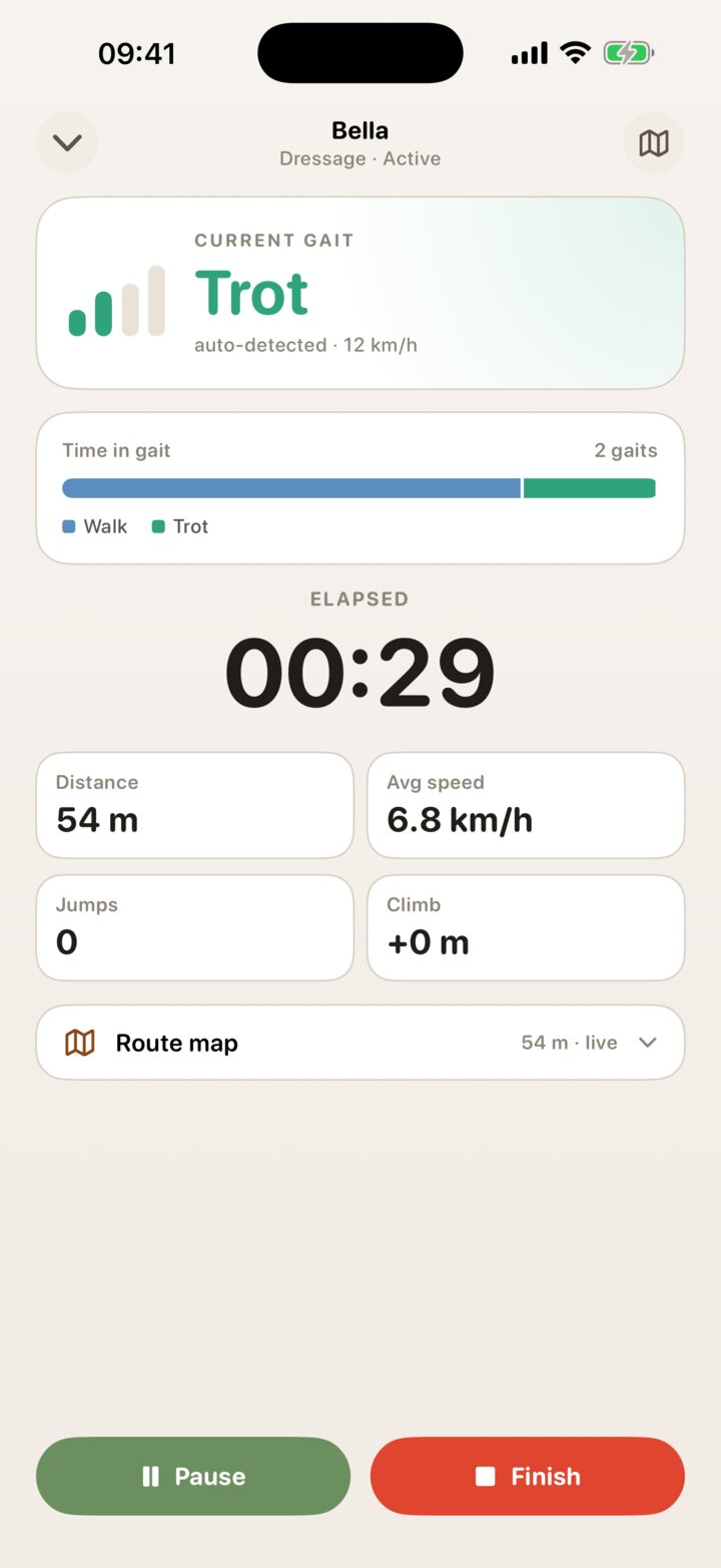 Live ride screen showing Trot detected, with time in each gait so far