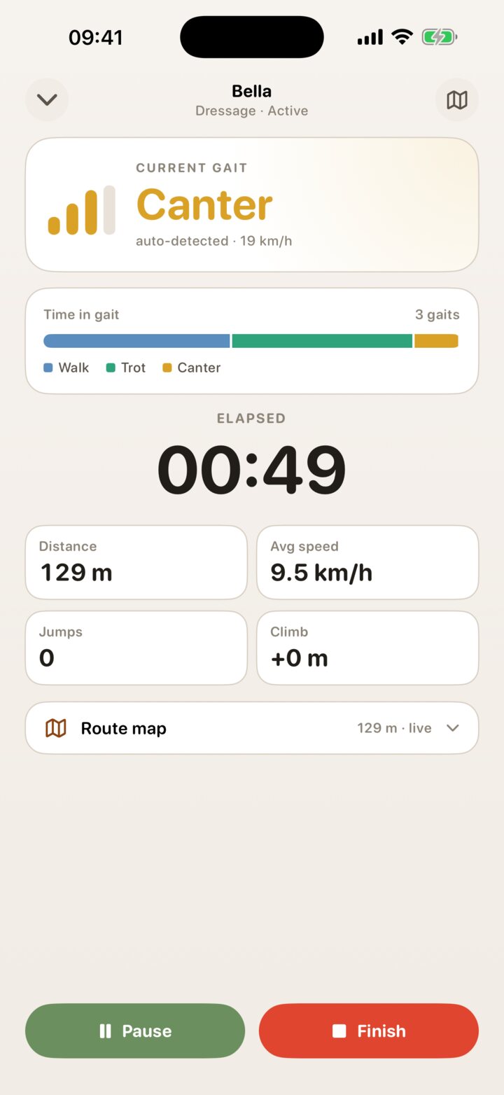 Equee live ride screen: current gait Canter, time in each gait, elapsed time, distance, average speed, jumps and climb