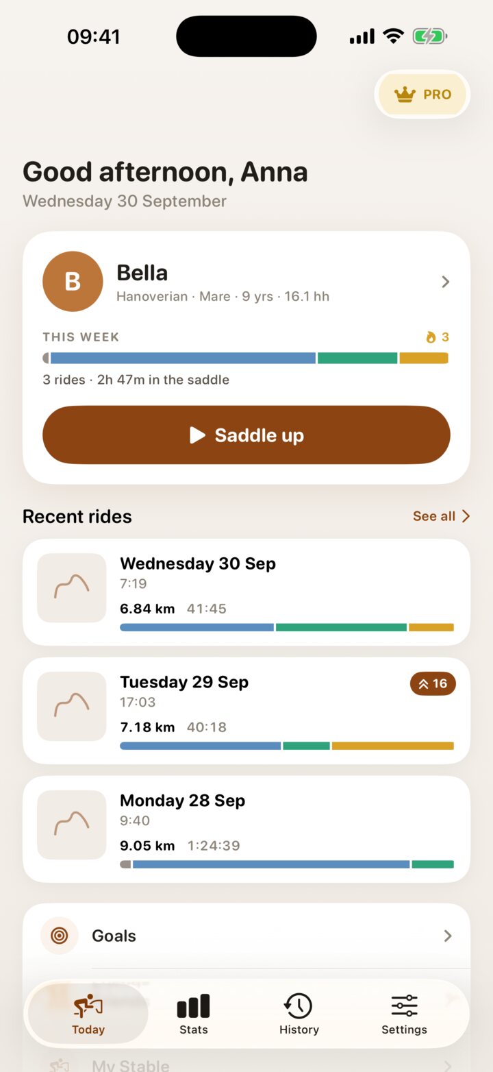 Today screen with the active horse Bella, this week's gait ribbon, a riding streak and recent rides