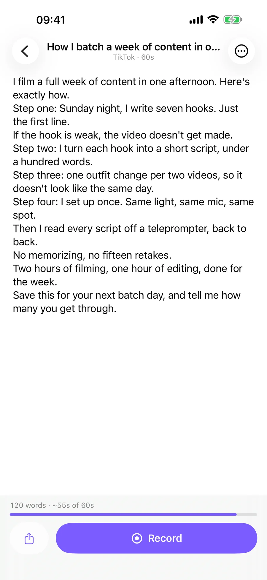 The script editor with word count, read time against the target length, and the Record button