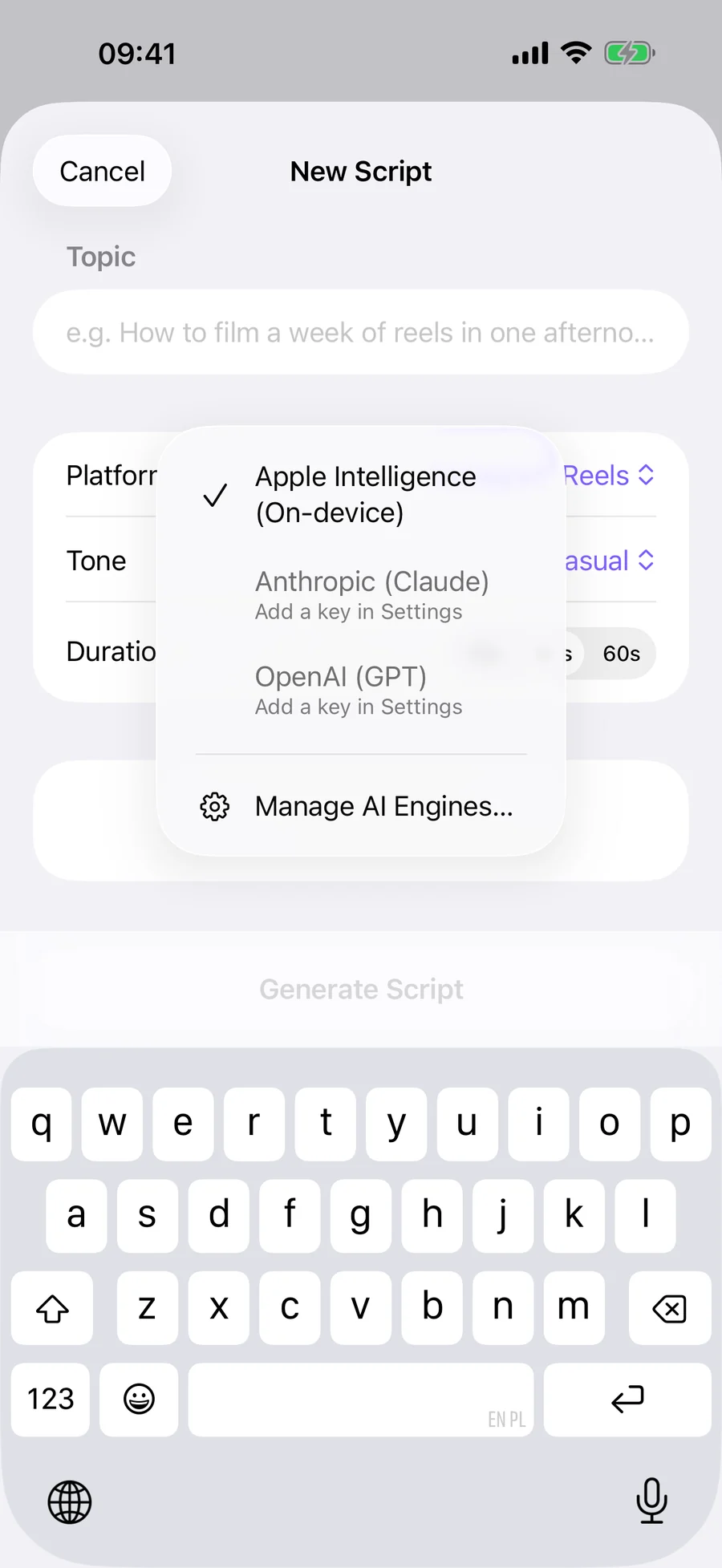 The AI engine menu listing Apple Intelligence, Anthropic and OpenAI