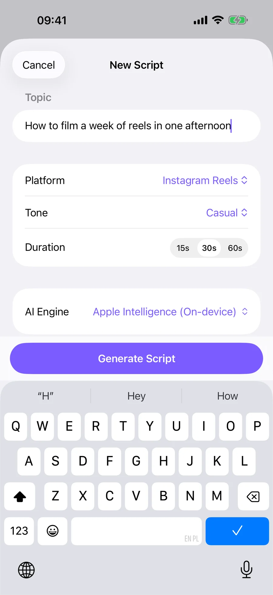 New Script screen with the AI engine, topic, platform, tone and duration