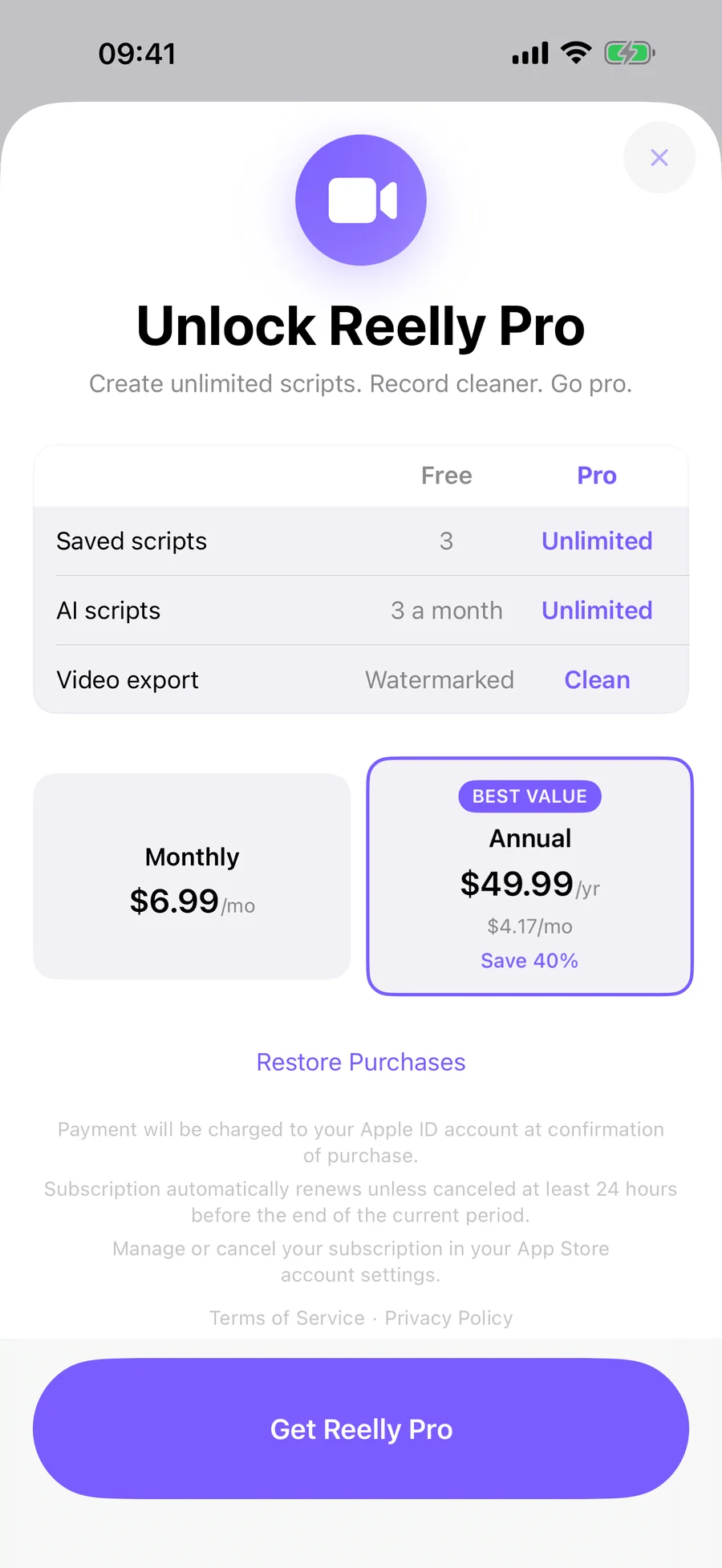 The Reelly Pro screen comparing Free and Pro, with monthly and annual plans