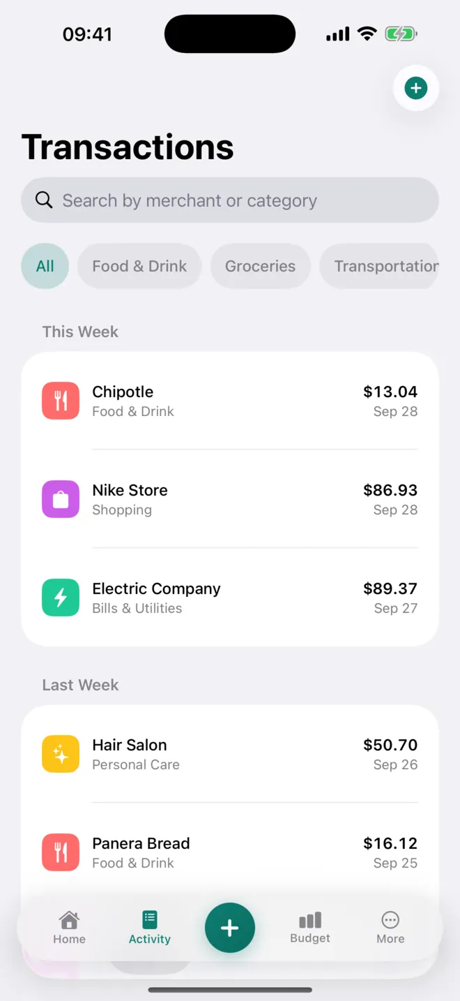 Transactions grouped by Today, This Week and Last Week with category filters