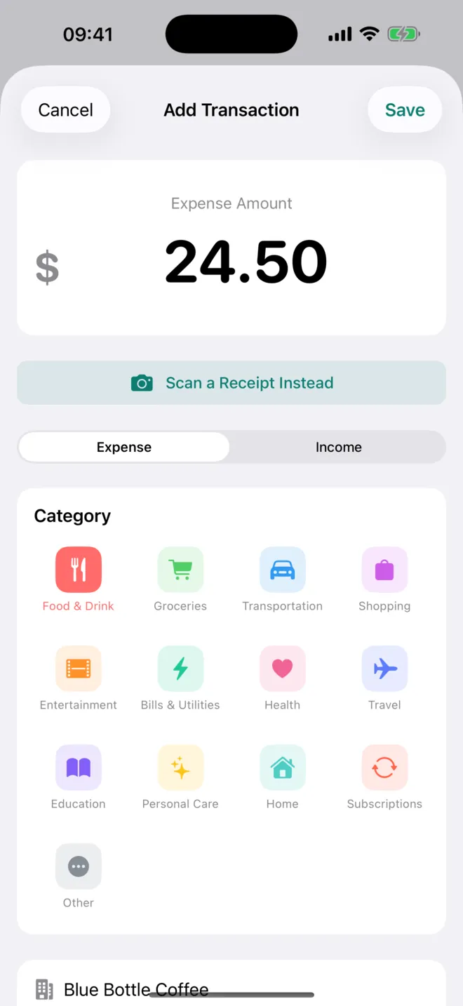 Add Transaction sheet with a large amount field and a category grid