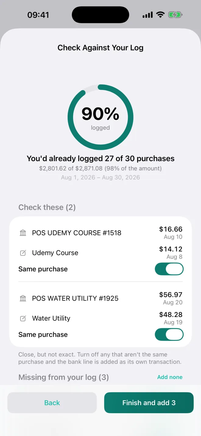 Statement check: 90 percent of purchases already logged, 27 of 30, with two close matches to confirm