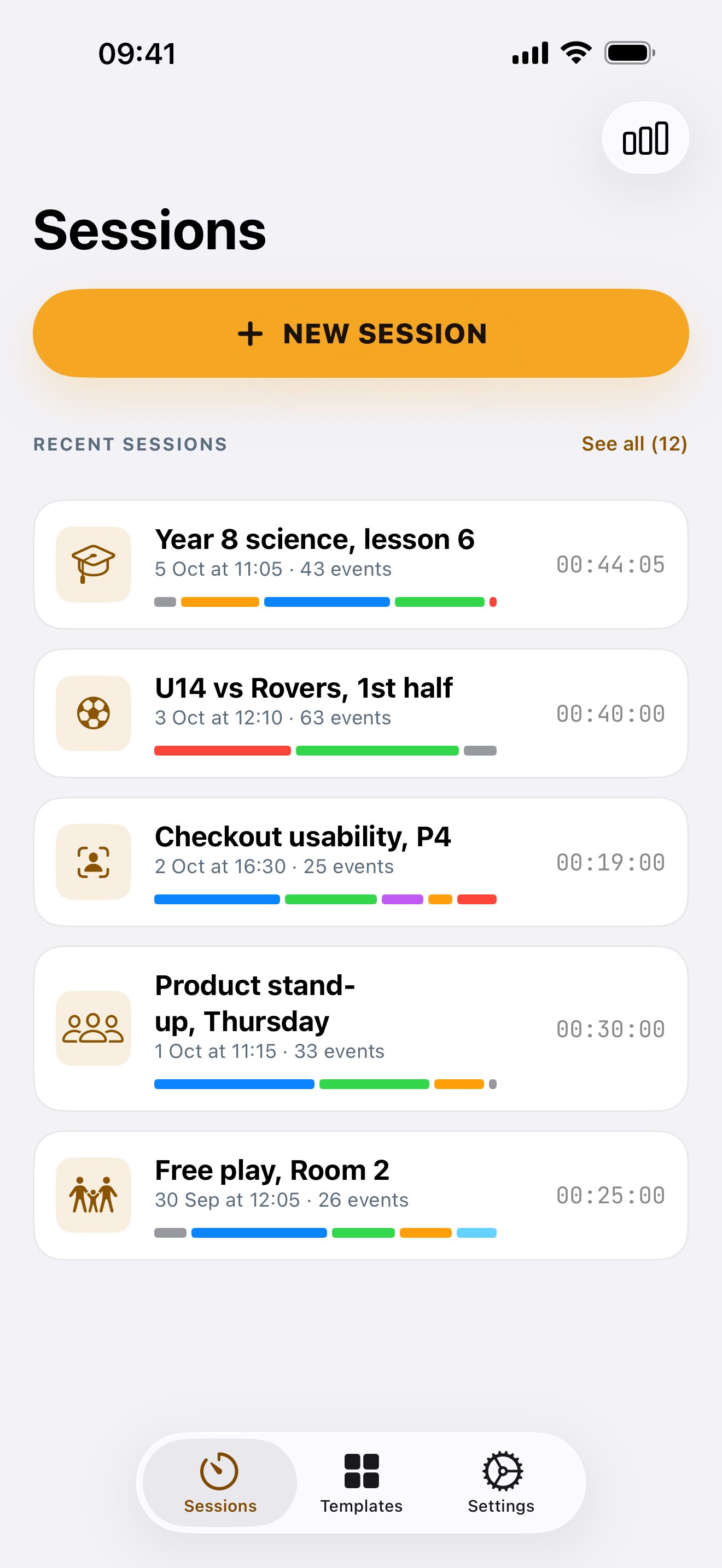 Sessions list showing recent sessions with mini timelines and durations