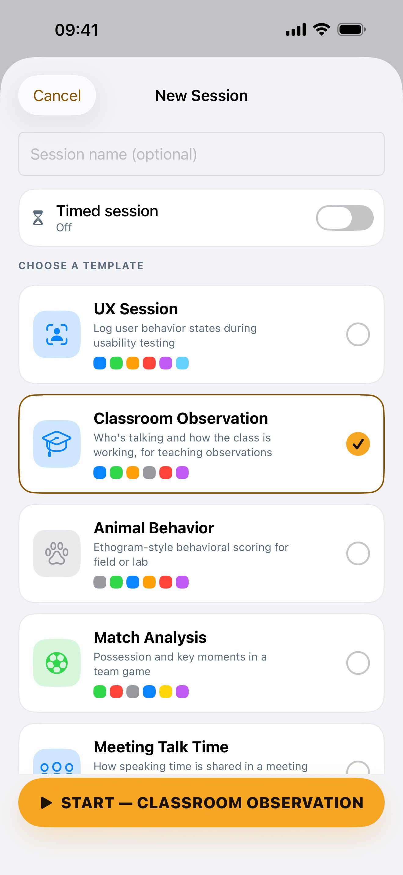 New session sheet listing the built-in templates, with Classroom Observation selected